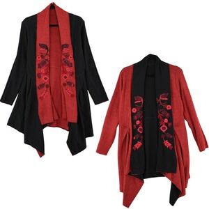 Peruvian Link Crimson Alpaca Cardigan Reversible Womens XL Red Black Embroidered